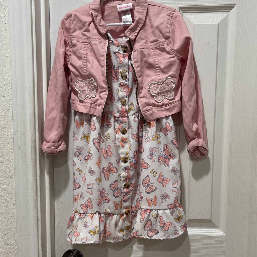 Little Lass Pink Butterfly Jean Jacket and dress set